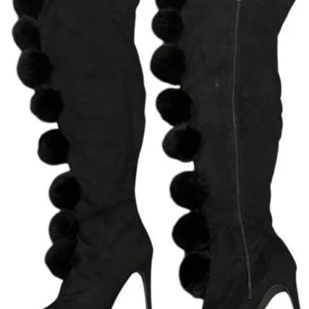 New in Box-Cape Robbin Size 8-Black GiGi Faux Fur Pom Pom Thigh High Heel Boots